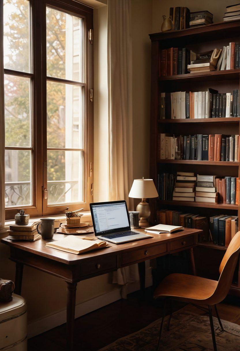 An elegant writing desk surrounded by scattered papers, a steaming cup of coffee, and a glowing laptop with visible notes on the screen. In the background, a bookshelf filled with organized books representing clarity and focus, while soft light filters through a window casting a warm ambiance. The scene should evoke a sense of creativity and productivity. super-realistic. warm colors. cozy setting.