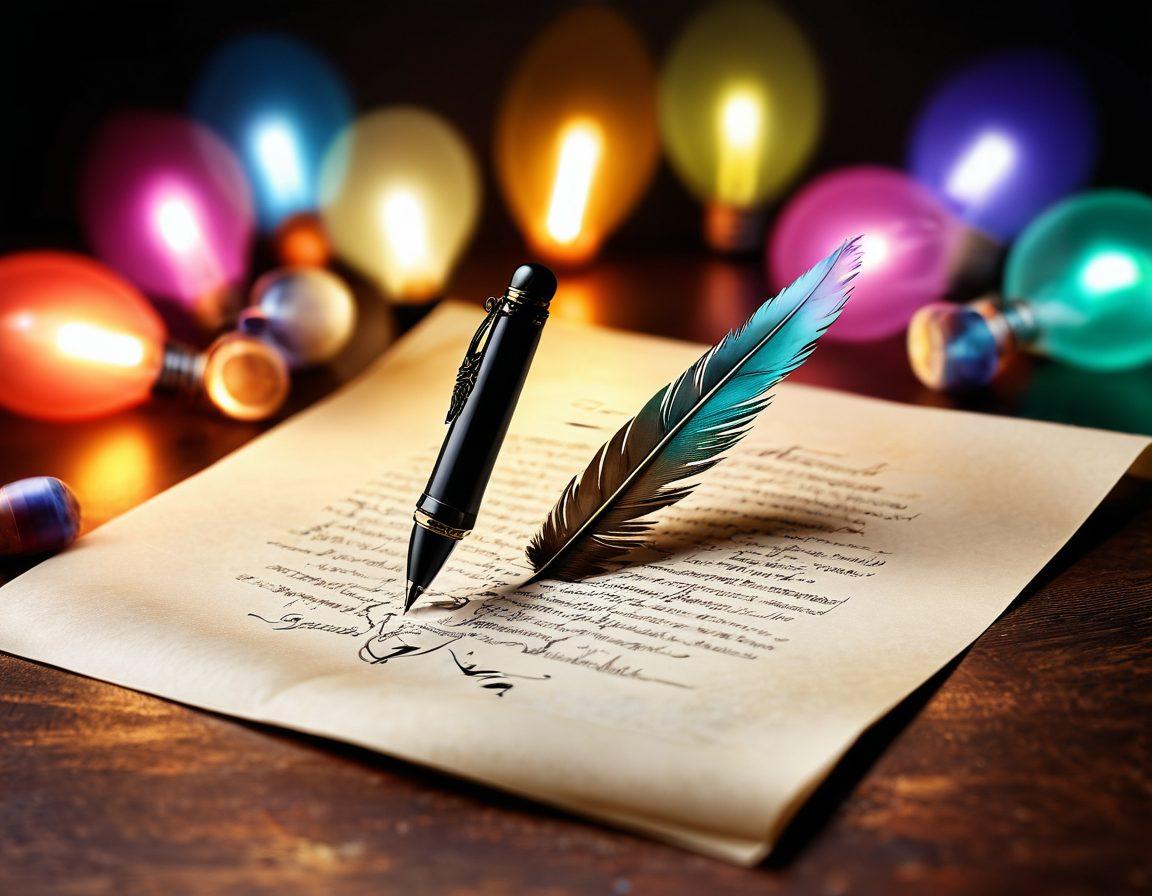 An elegant quill pen poised above a parchment, with flowing ink morphing into witty phrases and symbols. In the background, a burst of colorful ideas represented by light bulbs and chat bubbles, emphasizing creativity and brevity. The overall atmosphere should be inspiring and inviting for content creators. vibrant colors. soft focus.