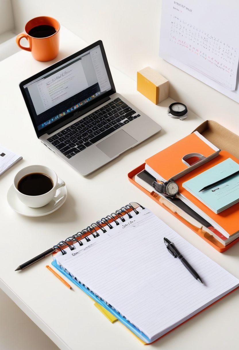 A visually striking workspace featuring a minimalistic desk with an open laptop displaying a concise blog post. Surround the desk with vibrant stationery and a clock showing time ticking away, symbolizing brevity. Add a coffee cup and an open notebook filled with succinct notes. The background should be softly blurred to focus on the workspace. super-realistic. vibrant colors. white background.